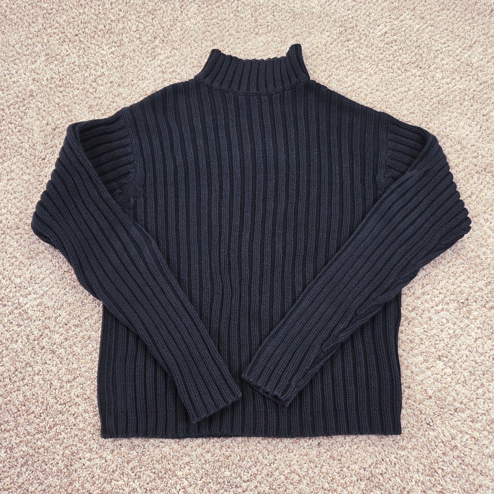 VINTAGE Gap Sweater Womens XS Navy Blue Mock Neck 100% Cotton Cable Knit Ribbed
